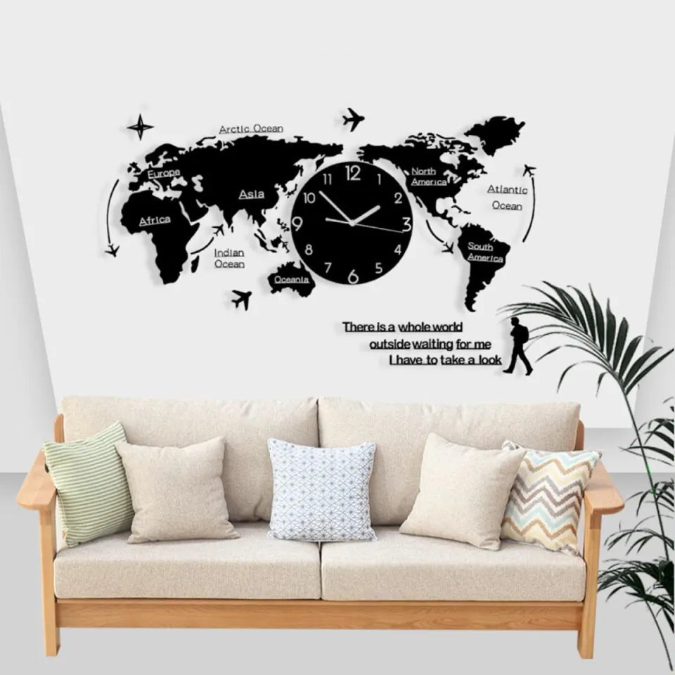 Luxury 3D Wooden World Map Wall Clock | Stylish Wall Decor for Home & Office
